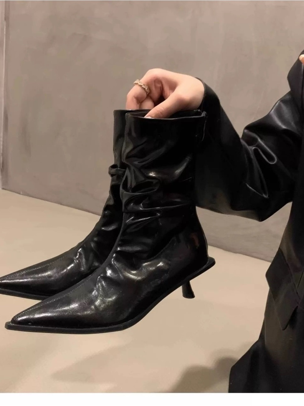 Black Pointed-Toe Mid-Kit Satin Boot